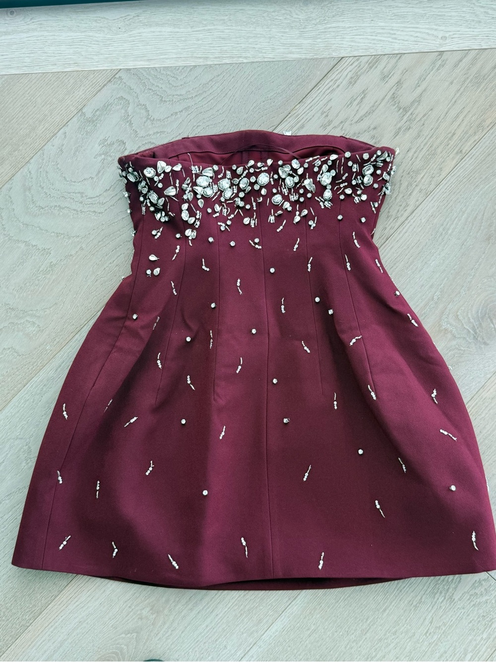 Strapless Embellished Mini Dress in Wine